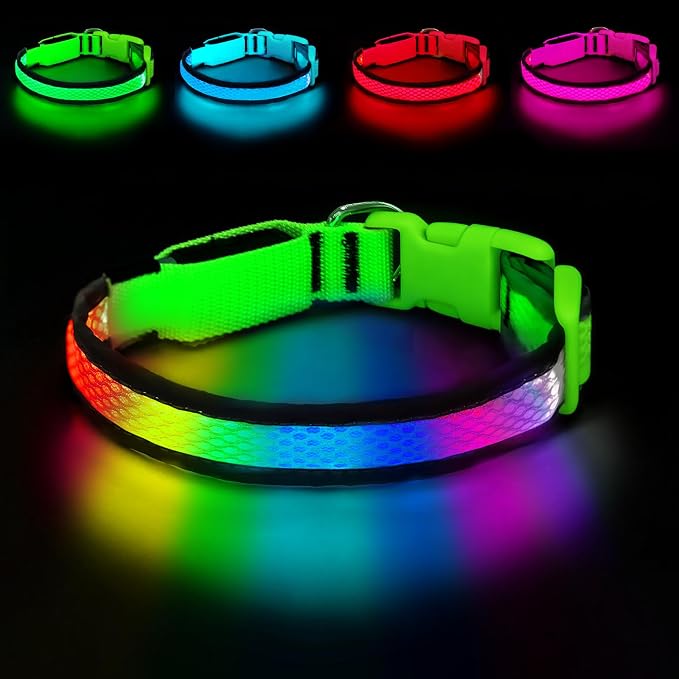 LED Dog Collar, Light Up Dog Collar,for Night Walking(Medium,Green) | Adjustable,Bright RGB 7 Colors Light Glowing Collar,Waterproof,Nylon,Soft,For Medium and Large Dogs,USB C to Charge by PWOD