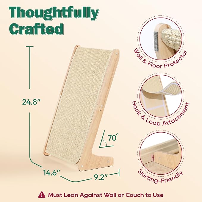 Zakkart L-Shaped Sisal Cat Scratcher, 24.8'' Tall Convertible 70° Vertical Scratching Pad & 20° Ramp Scratcher, Natural Sisal Mat, Solid Wood Frame, Helps Protect Furniture, Easy Assembly (Natural) - Image 5