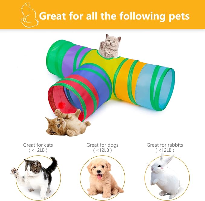 Cat Tunnel, Collapsible Tube with 1 Play Ball Kitty Toys, 3 Ways Cat Tunnels for Indoor Cats, Puppy, Kitty, Kitten, Rabbit (Rainbow) - Image 2