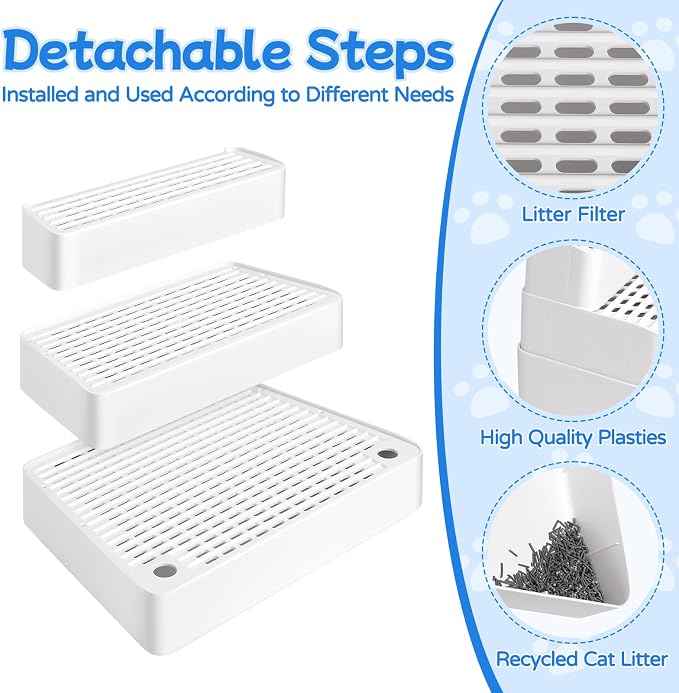 Extra Large 3 Steps Litter Box Ramp, Adjustable Cat Litter Box Step with Filter Function, Easy to Clean Cat Litter Stair Catcher for Elderly Cats and Kitten (White) - Image 3