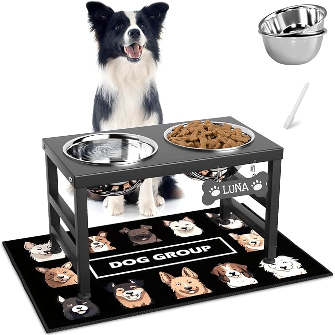 ADENGL Elevated Dog Bowls, 10" Tall Height, Raised Bowl Stand with 2 Stainless Steel Food Feeder Bowls (58oz) and Spill-Proof Mat for Medium Large and Small Breeds by ADENGL