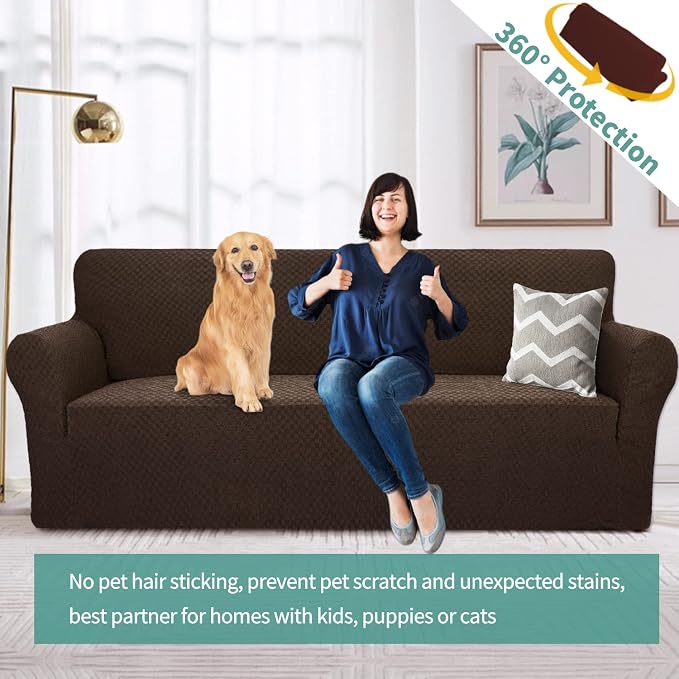 YEMYHOM Couch Cover Latest Jacquard Design High Stretch Sofa Covers for 3 Cushion Couch, Pet Dog Cat Proof Slipcover Non Slip Magic Elastic Furniture Protector (Large, Dark Coffee) - Image 2
