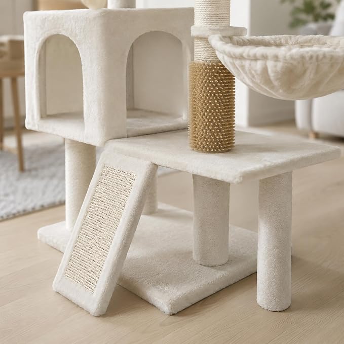 Smouatou Cat Tree with Cat Condo and Two Hammocks, Cat Tower with Scratching Posts and Scratching Pads Cat Toys, Beige - Image 9