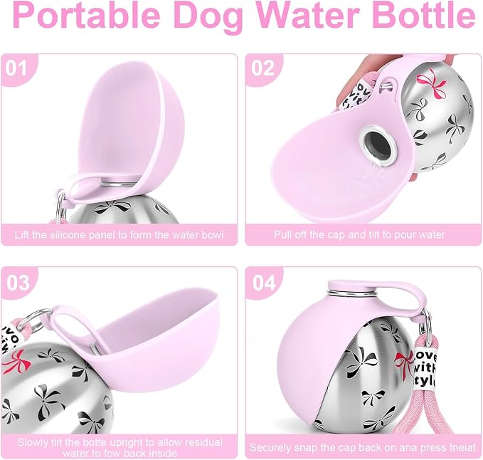 2 in 1 Portable Dog Water Bottle, 10 oz Leak-Proof Stainless Steel Bottle with Food-Grade Collapsible Silicone Bowl, Portable Hydration Gear for Walks, Hikes & Camping, Single Pink Printed Unit - Image 3