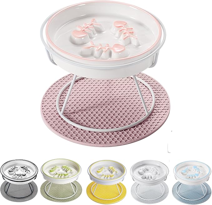 Ceramic Elevated Slow Feeder Cat Bowl, Anti Vomit, Removable Dish Pink | Removable Ceramic Bowl Elevated Slow Feeder Whisker-Friendly Wet & Dry Food Metal Stand by Trundisan