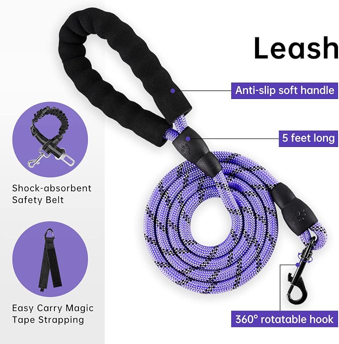 IVY&LANE No Pull Dog Harness for Large Dogs, Dog Vest Harness with Leash, Safety Belt and Storage Strap, Fully Adjustable Harness, 360° Reflective Strip, Soft Handle (Purple, L) - Image 3