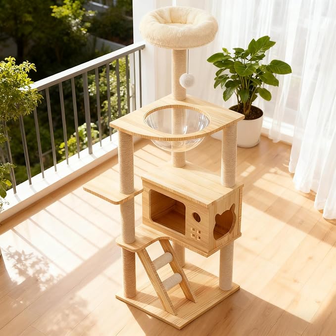 Modern Cat Tower, Wood Cat Tree Tower for Indoor Cats, Cat Tree with Sisal-Covered Scratching Posts and Soft Top Perch, 48.8'' Cat Condo with Acrylic Hammock for Small Large Cats - Image 7