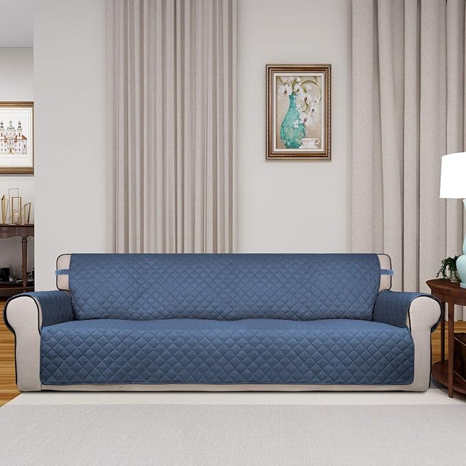 PureFit Reversible Quilted Couch Covers for Dogs Sofa Cover 4 Seater 88" | Dark Blue/Light Blue, Water Resistant Couch Protector, Washable Pet Couch Cover with Non Slip and Elastic Straps For Kids - Image 2