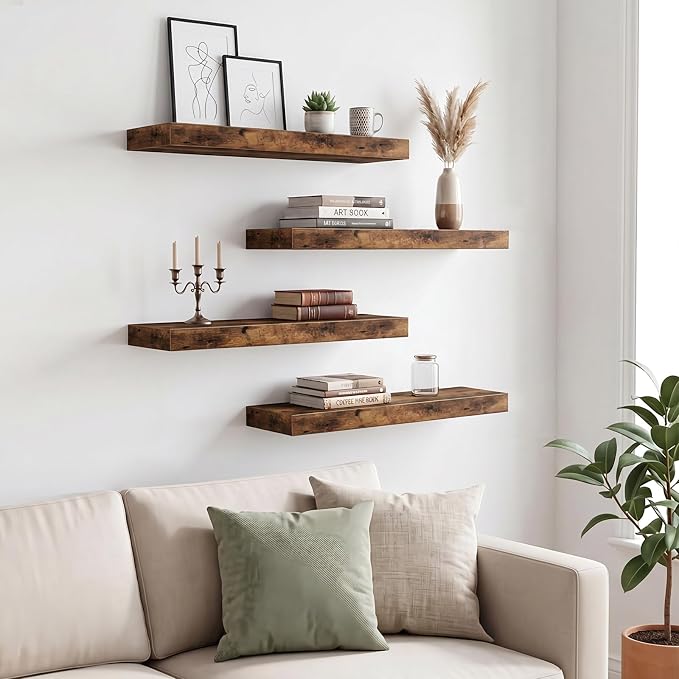 Fixwal Floating Shelves for Wall Decor (Rustic Brown, Set of 4, 15.7 Inch) | MDF Shelves with Metal Brackets, Space Saving for Books, Decor, Works in Bathroom, Kitchen, Living Room, Bedroom - Image 2