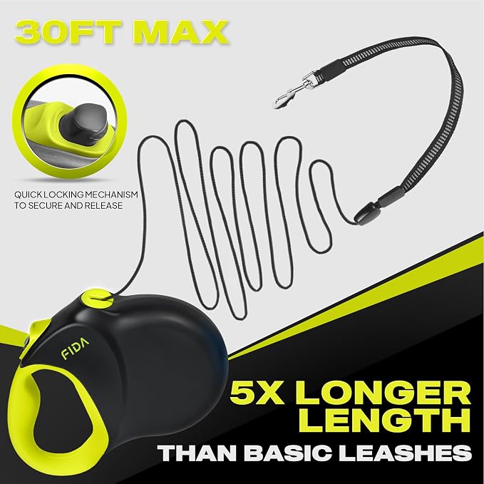 Fida Upgraded Retractable Dog Leash, 30ft, Heavy Duty, Neon Yellow | Long Walking Leash for Medium/Large Dogs up to 110 lbs, 360° Tangle-Free, Soft Grip, One-Hand Brake - Image 2