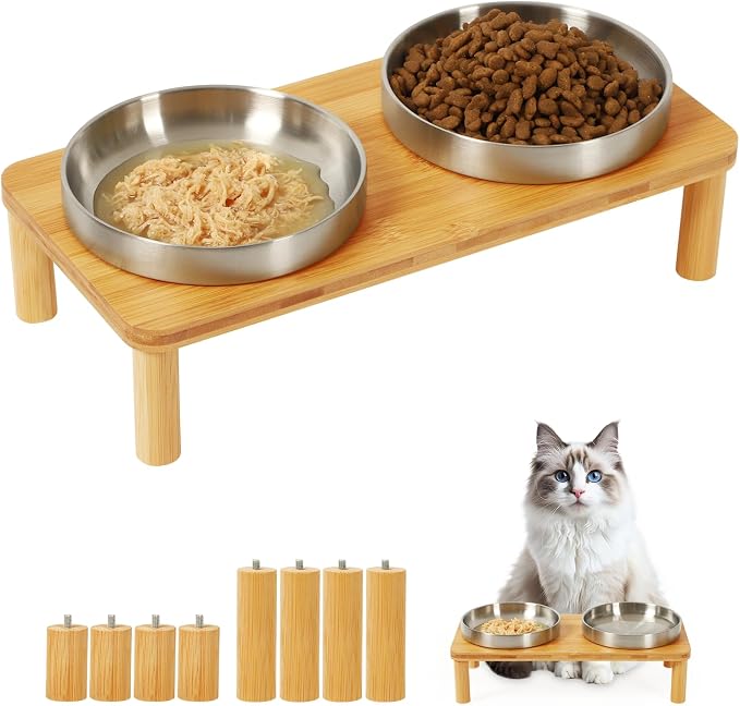 DoogCat Raised Cat Bowls, Bamboo Stand with 2 Stainless Steel Bowls | Adjustable Height, Whisker-Friendly Design, Food & Water Set, Stable Construction, Easy to Clean by LovesPetsinZero-WasteWay