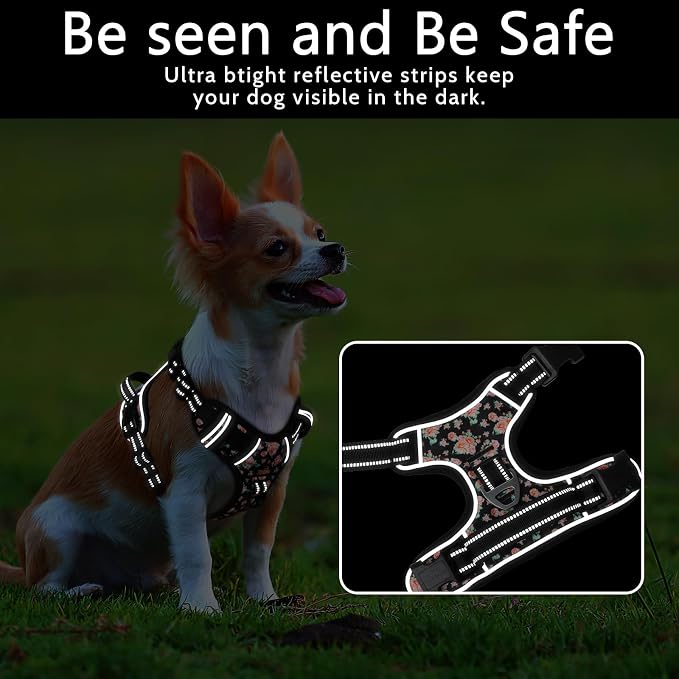 Timos Small Dog Harness, No Pull No Choke, Easy On & Off, Black Rose, S | Adjustable Reflective Soft Padded, Neck Quick Release with 3 Buckles, Front & Back 2 Clips and Handle for Walking Training - Image 2