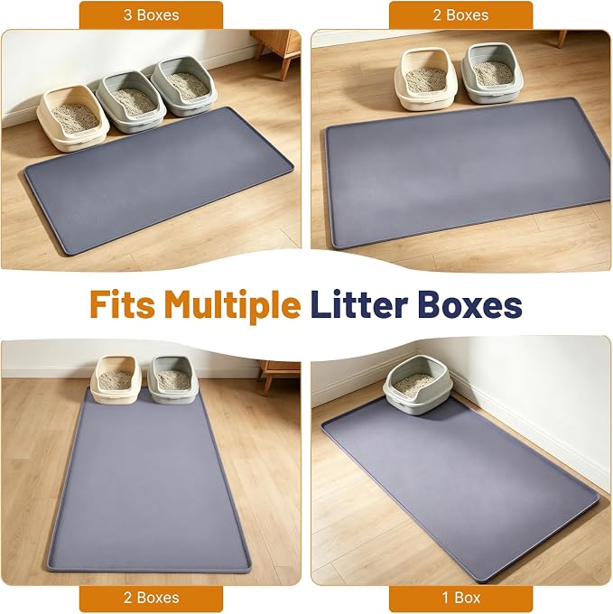 Cat Litter Mat, 51x25.6in Waterproof Silicone Litter Box Mat, Grey | XL Cat Mat Fits 1-3 Litter Boxes, Litter Trapping Mat with Raised Edges, Non-Slip Bottom, Easy Clean Kitty Litter Mat - Image 8
