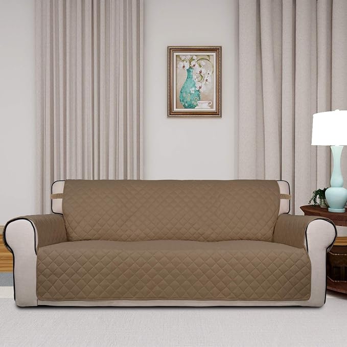 PureFit Reversible Quilted Sofa Cover, Water Resistant Slipcover Furniture Protector, Washable Couch Cover with Non Slip Foam and Elastic Straps for Kids, Dogs, Pets (X Large , Camel/Ivory) | Camel/Ivory, Water Resistant Couch Protector, Washable Pet C... - Image 2