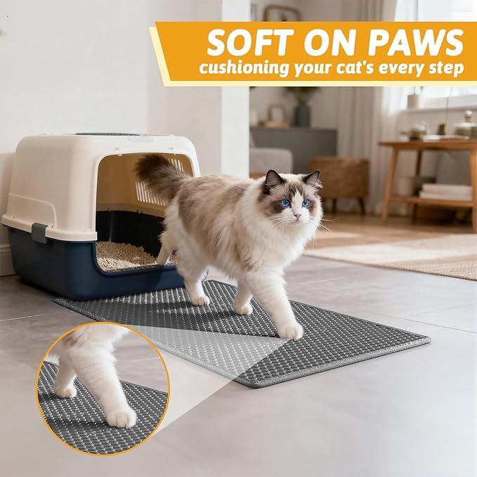 Pieviev Cat Litter Mat, Double-Layer Waterproof Litter Trap, 24" x 15" Gray | Honeycomb Design Catches Scattered Particles to Stop Tracking, Urineproof Base Protects Floors, Easy to Clean - Image 4