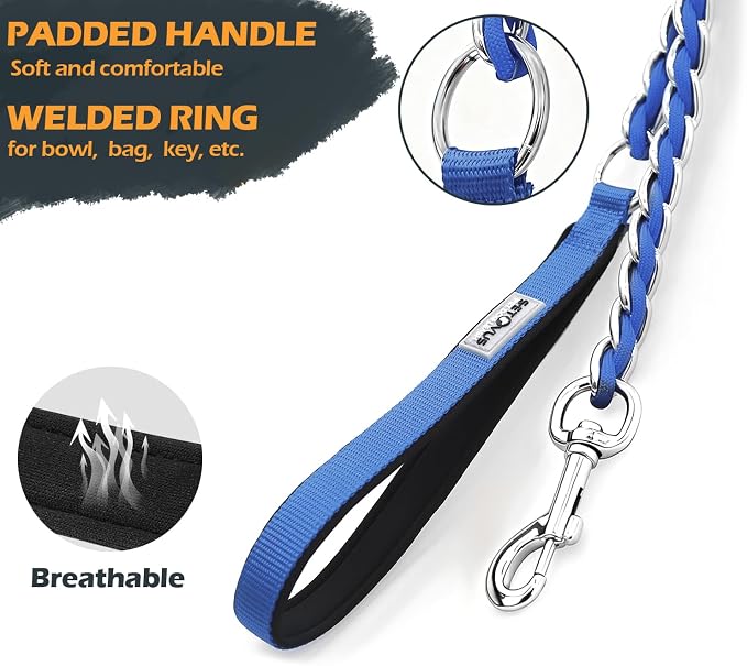 Chain Dog Leash Chew Proof Metal Leash for Medium Large Dogs, Chain Link Dog Leash Anti Chew 5.2FT Strong Anti Bite Dog Leash Comfortable Soft Padded Handle Blue 3.0 | Three Sizes 7.25FT/5.2FT/4FT, Woven From Nylon Rope And Chain, Durable And Bite-Resi... - Image 2