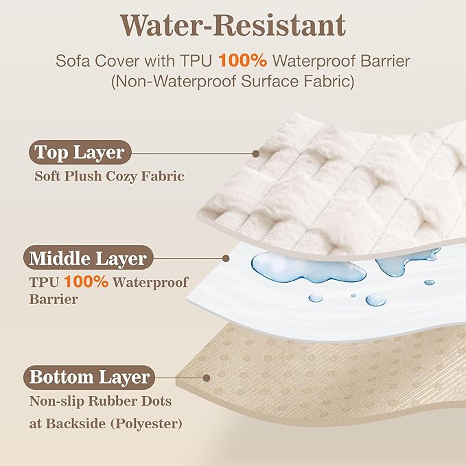 MYSKY HOME 100% Waterproof Couch Cover for Dogs, Plush Pet Couch Covers for Sofa Washable, Couch Covers for 3 Cushion Sofa Pet Friendly, Non-Slip Durable Sofa Cover Slipcover Protector, Cream, 35"x71" - Image 3