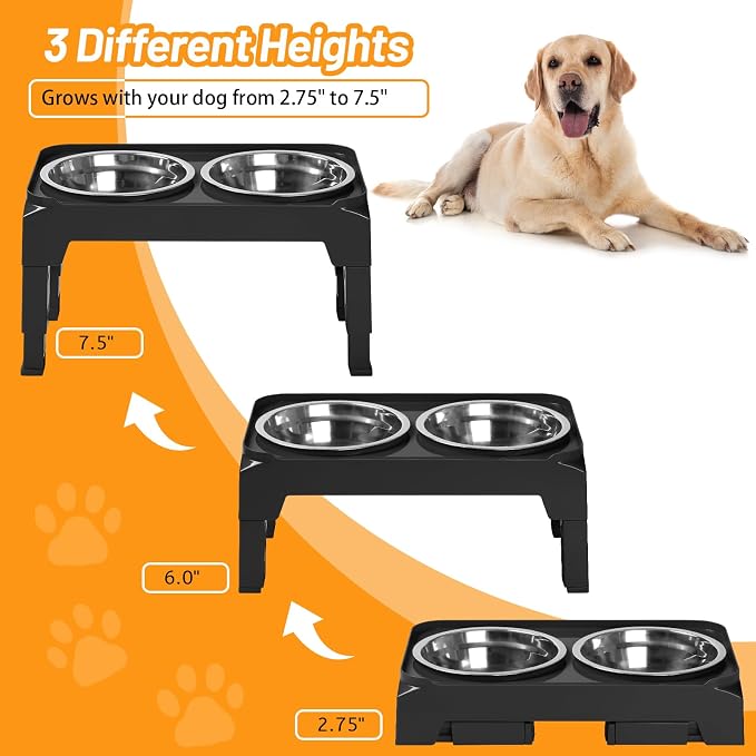 Hubulk Elevated Dog Bowls with 2 Stainless Steel Dog Food & Water Raised Bowls with No Spill Edge Non-Slip Stand Adjusts to 3 Heights(2.75", 6.0", 7.5") for Small Medium Dogs and Pet - Image 2