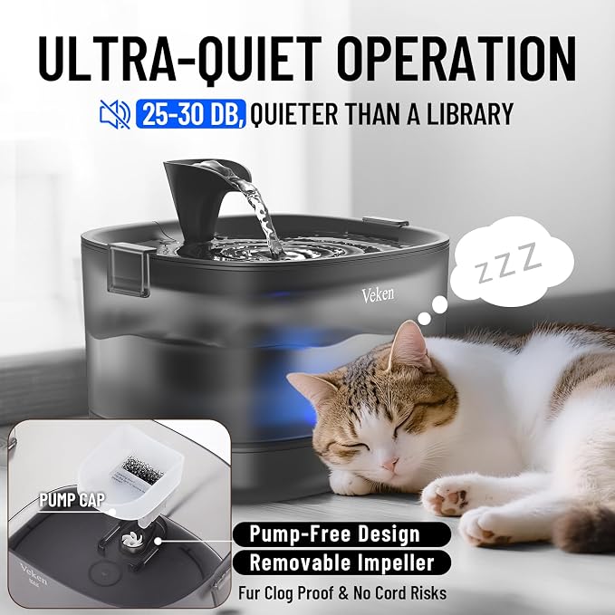 Veken 85oz/2.5L Cat Water Fountain with Detachable Tank & Secure Clips | Easy to Clean & Assemble, Quiet Operation & LED Light, Pet Drinking Dispenser, Gifts, Cats, Dogs and Small Pets, Black - Image 3