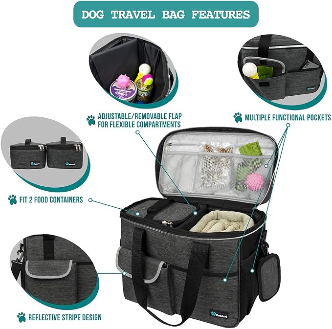 PetAmi Dog Travel Bag Organizer, Pet Supplies Diaper Tote, Dark Gray Medium | Pet Travel Kit with 2 Food Containers & 2 Collapsible Dog Bowls, Luggage Sleeve, Weekend Getaway Road Trip Camping Essentials - Image 4