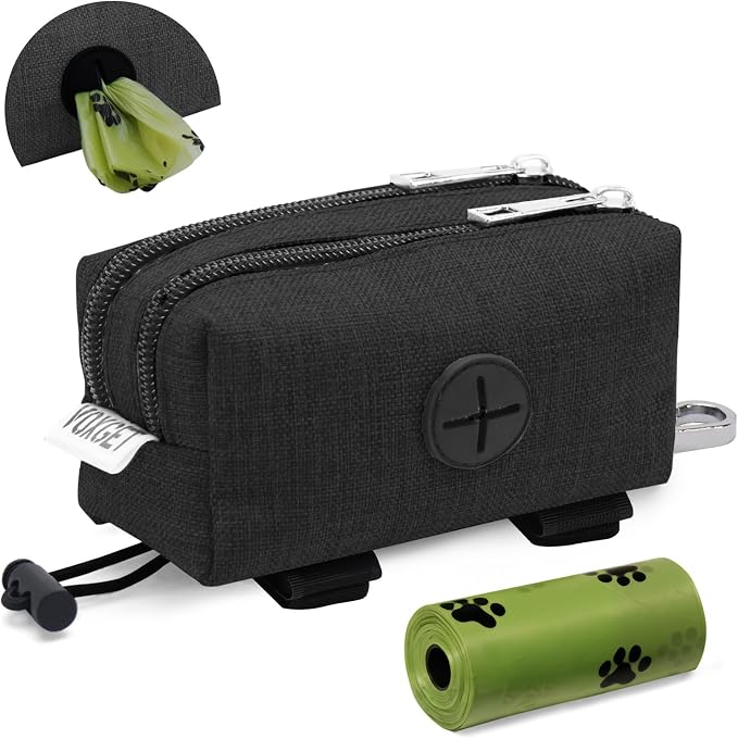 Dog Poop Bag Holder with Treat Pouch, 2 Zipper Pockets & Leash Clip | Waste Bag Dispenser with 1 Roll Poop Bags, Quick Access Treat Storage, Hands-Free Design for Dog Walking, Training & Travel by VOXGET