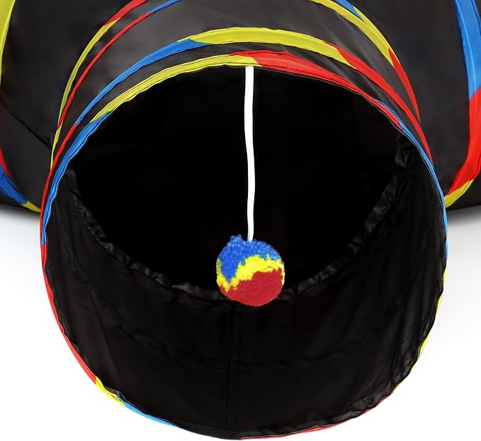 Tempcore Cat Tunnel for Indoor Cats, 3 Way Collapsible Pet Play Tunnel with Teaser Wand, Peek Holes & Hanging Ball, Interactive Tube for Kittens & Rabbits, Black & Rainbow - Image 5