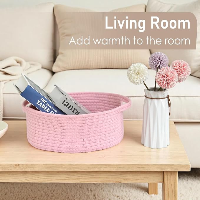 JMvicyroam Small Woven Basket, Empty Gift Basket, Pink/3 Pack | Small Gift Basket, Cotton Rope, 12 x 8 x 44 in, Handles, Includes Ribbon and Bag, Birthday Gift Basket - Image 7