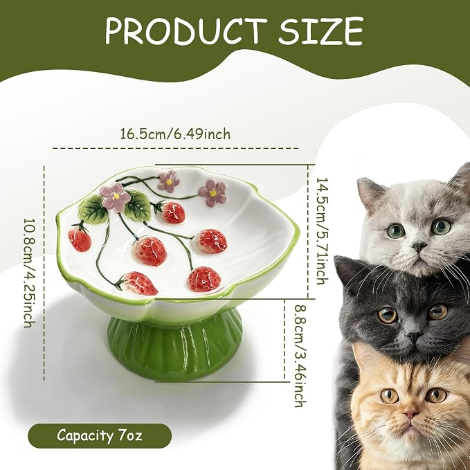 Ceramic Strawberry Elevated Cat Bowls, Tilted Raised Pet Dish for Anti Vomit, Spine Protection, Whisker Friendly - Excellent Raised Food and Water Bowl for Indoor Cats, Flat-Faced Cats (Green) - Image 2