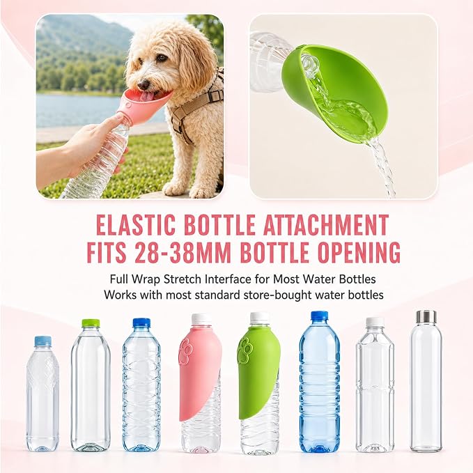 2PCS Portable Dog Water Bottle Attachment, Slip-On Pet Water Bowl, Dog Water Bottle Adapter for Standard Water Bottles Leak Proof Outdoor Pet Water Feeder Bowl(Green+Pink) - Image 3
