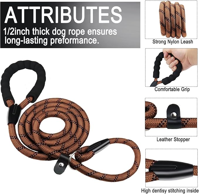 6 FT Heavy Duty Dog Leash, Durable Premium Quality Strong Training Rope Slip Leash with Comfortable Padded Handle and Highly Reflective Threads for Small Medium and Large Dogs, (Brown) - Image 2