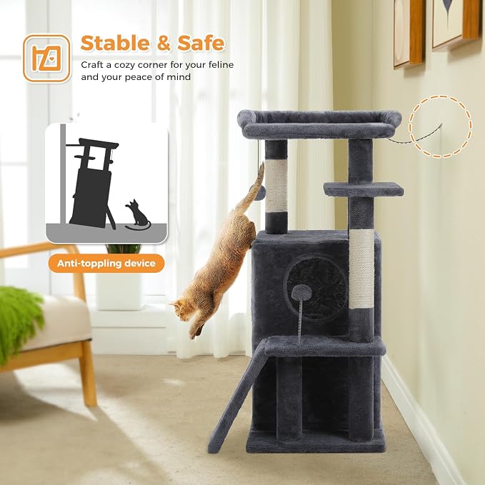PETEPELA Kitten Cat Tree, 34.6" Small Cat Tower with Ramp & Toys, Deep Grey | Compact 34.6-inch tower with 2 cozy condos, sisal scratch ramp & posts, dangling toys; right-sized for kittens & small cats - Image 8