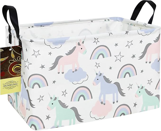 Rectangle Canvas Foldable Storage Basket for Nursery, Star Unicorn | Portable and collapsible cloth receptacle. Stores pet essentials, daily use items by HUNRUNG