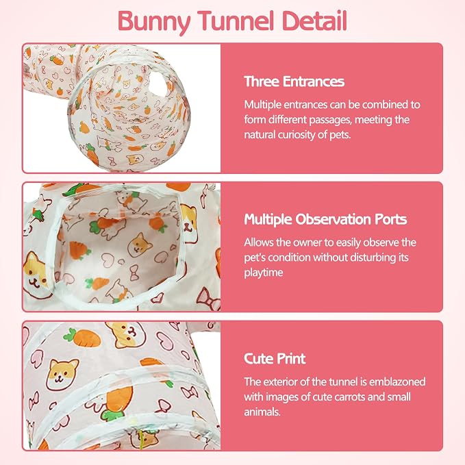 PINVNBY Large Rabbit Tunnel，Collapsible Rabbit Tunnels for Indoor Bunnies Bunny Hideout with 5 Types of Chewing Toys for Ferret Kitten Small Animals (T Shape) - Image 3