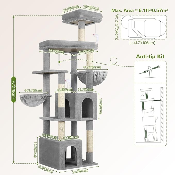 Globlazer Sturdy Cat Tree for Indoor Cats 20 lbs, S68, Cloud Grey | 68-inch Large Cat Tower for Adult Big Cats, Heavy Duty Cat Tree with Extra Large Platform, 5 Scratching Post - Image 6