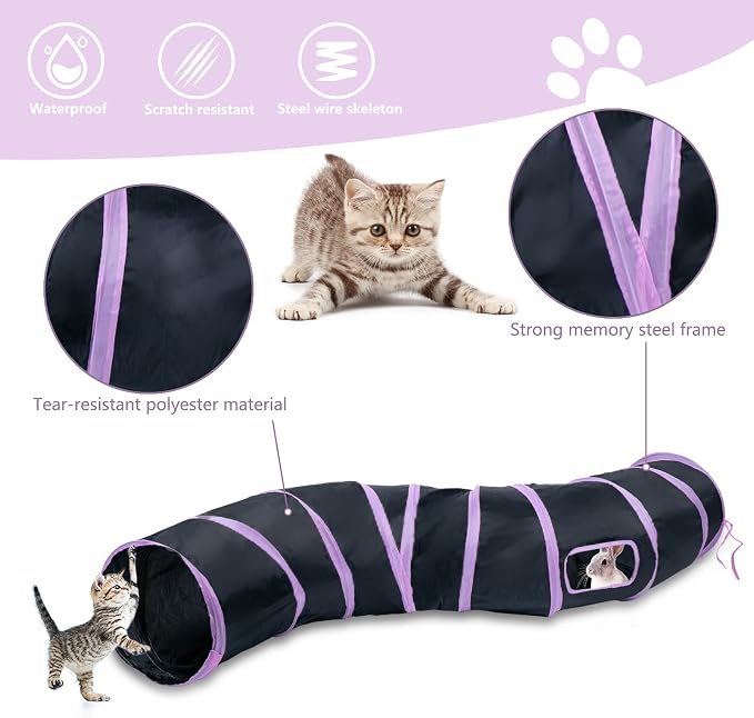 Sheldamy Cat Tunnel, S-2-Way Cat Tunnels for Indoor Cats, Collapsible Cat Play Tunnel, Interactive Toy Maze Cat House with 1 Play Ball for Cats, Puppy, Kitty, Kitten, Rabbit (Pink & Black) - Image 3