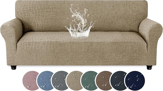 MAXIJIN Waterproof Couch Cover for 3 Cushion Couch, 1 Piece Stretch Sofa Covers Slipcovers with Non-Slip Elastic Bottom, Washable Furniture Protector for Dogs Pets (Large, Khaki) by MAXIJIN