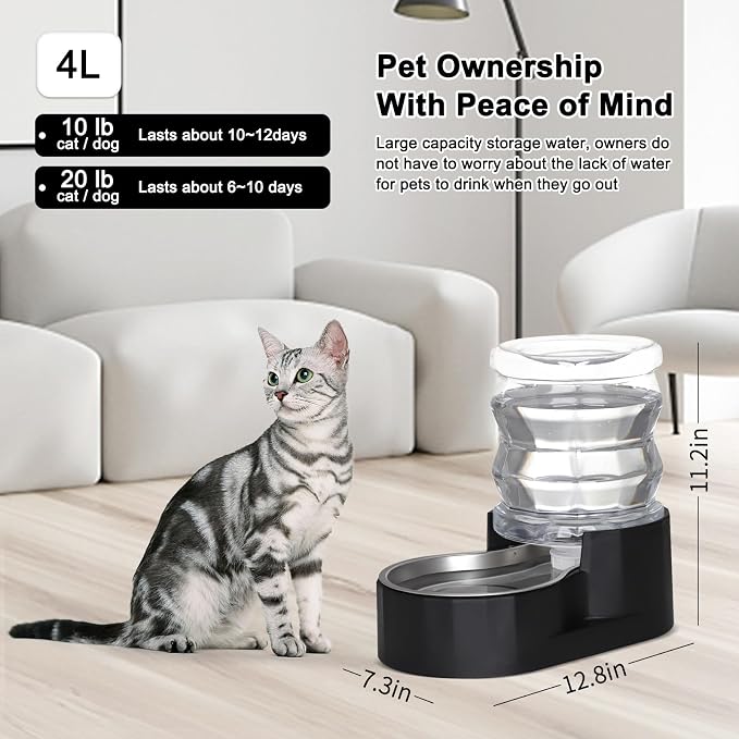 RIZZARI 4L Gravity Cat Water Dispenser:Spill Resistant for Apartments | No Filter Required/Leak-Resistant Design/Easy to Refill,Easy to Clean/Stable Anti-Tip Base/Food-Grade Materials - Image 5