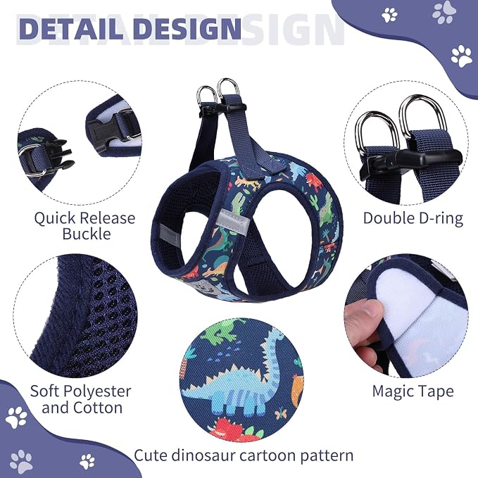 KOOLTAIL Dog Harness and Leash Set for Small Medium Dogs, Step in No Pull Soft Mesh Dog Harness Comfort Padded Pet Vest, Adjustable Reflective Easy Walking Puppy Cats Harness Training, Dinosaur S - Image 2