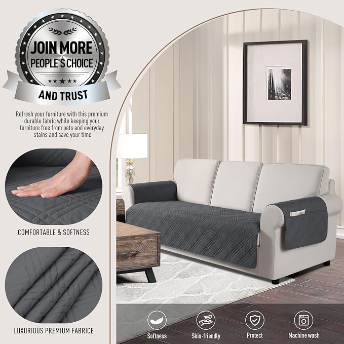 TAOCOCO Waterproof Couch Covers for Dogs, Non Slip Pet Sofa Cover, 3 Seater | Washable Couch Seat Covers with Arms for 3 Cushion Couch, Dog Couch Cover Protector, Pockets & Backless Design, Charcoal Gray - Image 3