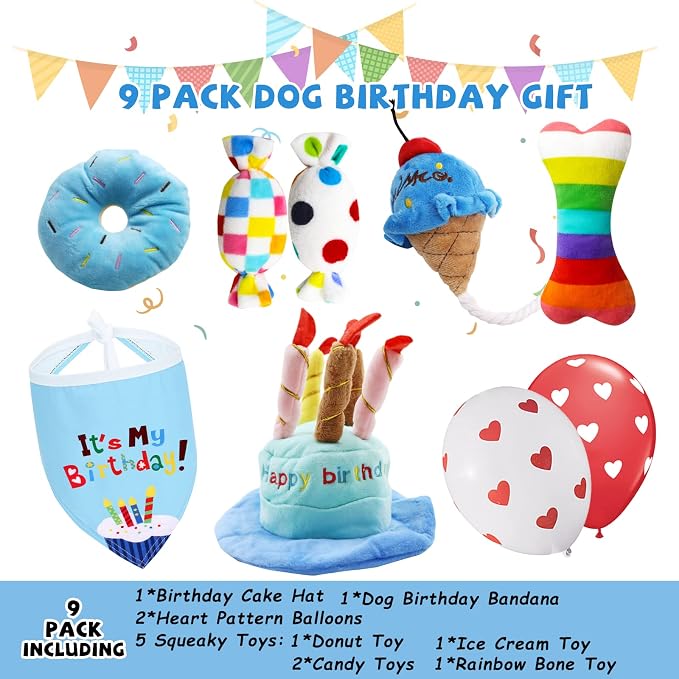 lilfrd 9Pcs Blue Dog Birthday Toy Set, Squeaky Hat Bandana Gift for Dogs | Birthday Gift Pack, Soft Plush, Small Medium Puppy Friendly - Image 7