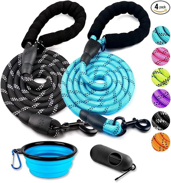 COOYOO 2 Pack Dog Leash 6 FT Heavy Duty - Comfortable Padded Handle - Reflective Dog Leash for Medium Large Dogs with Collapsible Pet Bowl Set 2-Black+Blue by COOYOO