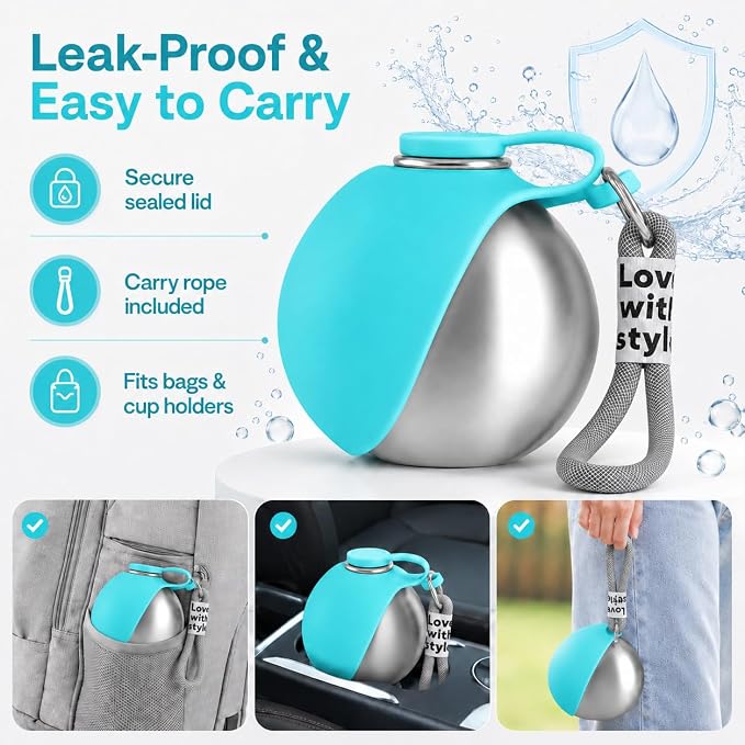 Portable Pet Dog Water Bottle with Silicone Collapsible Bowl, 10 oz Blue | Stainless Steel Pet Travel Dispenser with Rope | Dogs on Walks Hiking Accessories | Puppy Small Pets Essentials - Image 6