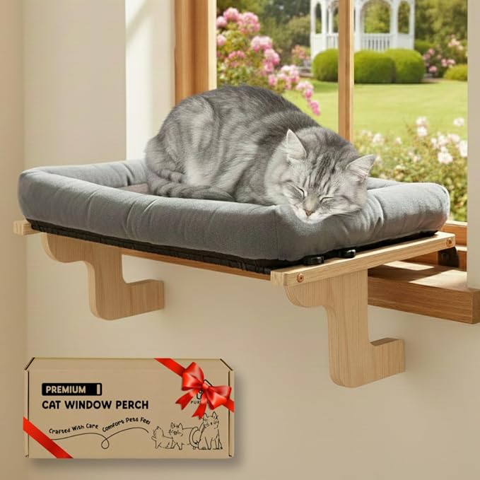 [Ready to Gift] PURRHOUSE Cat Window Perch with Cushion Bolster and Cool Pad, Cat Hammocks for Windows with Wood & Robust Metal Frame for Large Cats, Beds for Windowsill, Bedside and Cabinet,24''W by PURRHOUSE