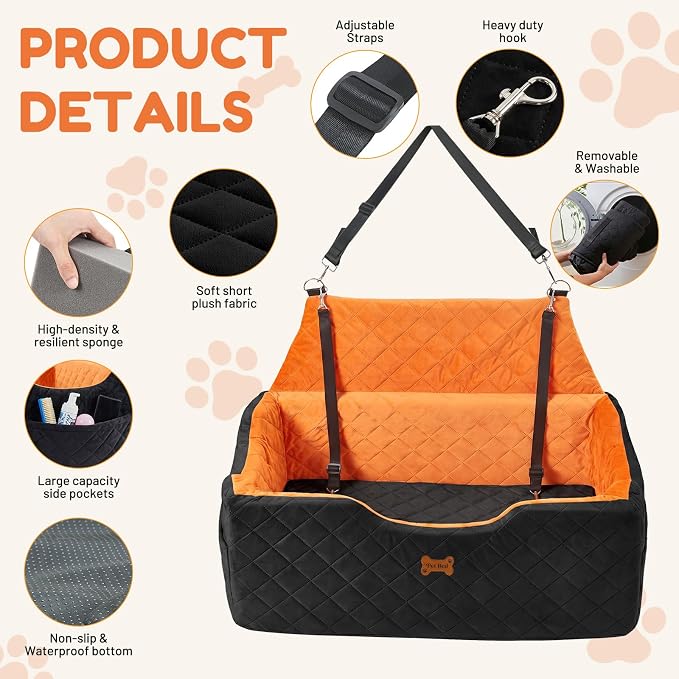 Dog Car Seat for Large Medium Dogs up to 55 lbs, Memory Foam Dog Booster Seat with Storage Pocket, 2 Safety Leashes,Washable Cover, Portable Anxiety Pet Travel Bed, Black - Image 5