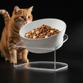 LivLab Mker Raised Cat Bowl, 15° Tilted, 4.5 in High, White | 15° tilted shallow melamine bowl on a 4.5 in raised stand supports comfortable feeding and reduces whisker contact. by LivLabMker