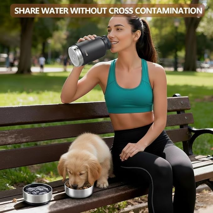 Dog Water Bottle with 2 Bowls, 32oz Insulated Stainless Steel Leak Proof | Travel Bottle for Pets, Portable Design for Hiking, Camping & Travel (Black) - Image 2
