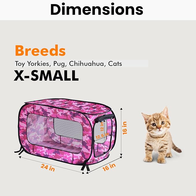 Portable Collapsible Pop Up Kennel, 24" L x 16.6" W x 16" H, Camo Pink | Collapsible indoor/outdoor travel cat and dog crate with mesh screen windows pops up and folds flat for easy storage - Image 2