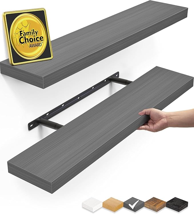 BAYKA Grey Floating Shelves 22.5in, Set of 2, Wall Mounted for Wall Deocr | Easy Install, 22lbs Max Load, Hidden Bracket, Shelving for Bathroom Bedroom Kitchen Book Room Storage, Multi-Wall Compatible by Bayka