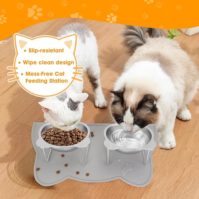 Elevated Cat Bowls, 2 Pack Raised Cat Food Water Bowls with Non-Slip Placemat, 15° Tilted Stand Anti Vomiting Stainless Steel Pet Food Feeding Dishes Plate for Cats Kitten Puppies Dogs Small Animals - Image 6