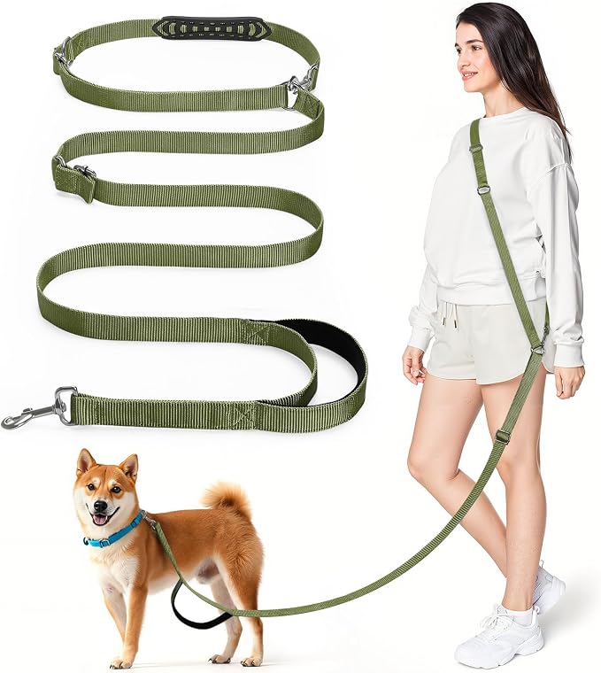 8.5ft Hands Free Dog Leash Adjustable for Medium Dogs, Army Green | Versatile Handheld Crossbody Waist Lead with 3 Rings, Easy Adjust for Running Jogging Walking, Sponge Handle by Tivray